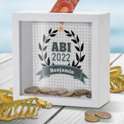 Personalisierte Bilderrahmen Spardose zum Abitur mit Namen bedruckt 