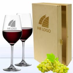 Weingläser (460 ml) Rotwein mit eigenem Logo in Holzkiste als Set 