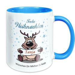 Weihnachts-Tasse mit lustigem Elch und Namen bedruckt 