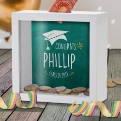 Individuell bedruckte Bilderrahmen Spardose zum Abitur / Schulabschluss mit Namen bedruckt 