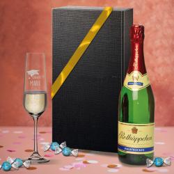 Sekt-Geschenkset zum Abitur / Abschluss mit graviertem Sektglas und Lindt Schokolade 