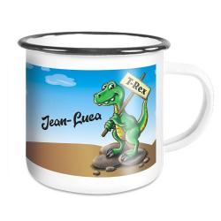 Emailletasse zum Schulanfang mit Dino T-Rex und Namen 