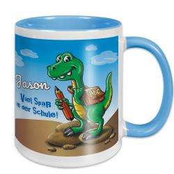 Tasse zur Einschulung Dino T-Rex mit Namen personalisiert 