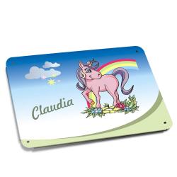 Blechschild für Kids mit Einhorn-Motiv und Namen Größe 20 x 30 cm