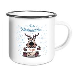 Weihnachten Emailletasse mit witzigem Elch und Namen 