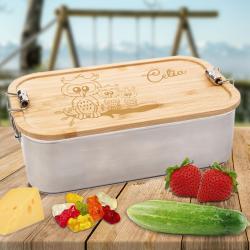 Edelstahl Brotdose mit Bambusdeckel mit Gravur Name und Eulen 