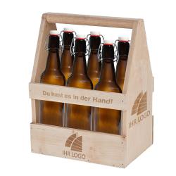 Flaschenträger Holz mit Logo Gravur vorn und seitlich