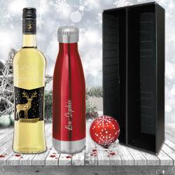 Praktisches Glühwein-Geschenk-Set mit gravierter Isolierflasche mit weißem Glühwein
