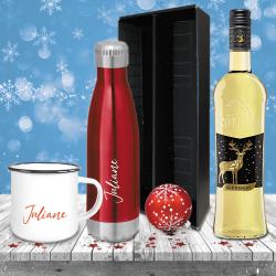 Glühwein-Geschenk-Set mit Isolierflasche, Emailletasse und Glühwein mit weißem Glühwein
