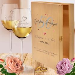 Geschenk zur Goldenen Hochzeit Weißweingläser in Holzkiste mit Weißwein