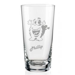 Trinkglas Leonardo mit Monster und Namen graviert 