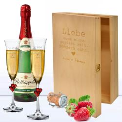 Sektgläser Liebe im Geschenkset mit 3er Holzkiste inkl. Rotkäppchen trocken