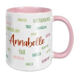 Tasse mit Namen und positiven Eigenschaften in 4 Farben weiß/rosa