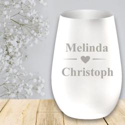 Windlicht zur Hochzeit mit Namensgravur Weiß/Silber