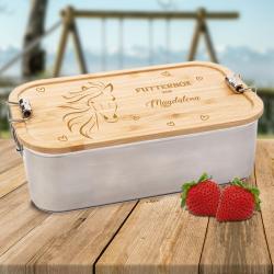 Brotdose aus Edelstahl mit Pferd und Namen graviert 