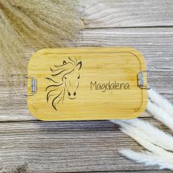 Brotdose Pferd, Edelstahl und Bambus bedruckt mit deinem Namen ohne Trennsteg