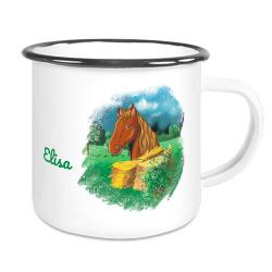 Persönliche Tasse aus Emaille für Kinder mit Pferd und Namen 