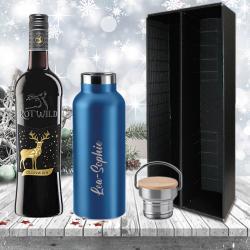 Praktisches Glühwein-Geschenk-Set mit gravierter Isolierflasche mit rotem Glühwein