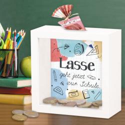 Bilderrahmen Spardose zur Einschulung mit Wunschnamen bedruckt 