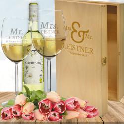 Weißwein Geschenkset mit Gravur zur Hochzeit 
