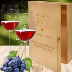 Geschenkset Rotweingläser in 3er Holzkiste mit Wunschtext 