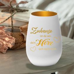 Windlicht "Zuhause ist da wo dein Herz sich wohl fühlt" mit Namen graviert Weiß-Gold
