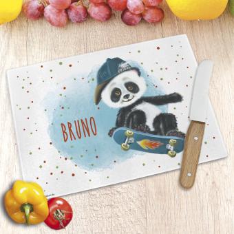 Frühstücksbrett / Glasschneidebrett für Jungs mit Panda und Namen 