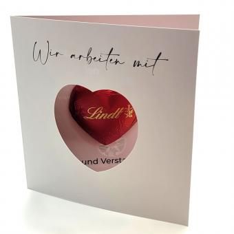 Gruß-Karte Klappkarte mit Lindt Schoko-Herz  individuell mit Logo bedrucken 
