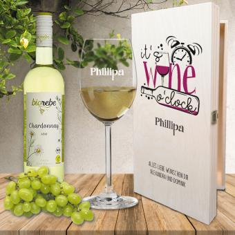 Wein-Geschenk-Set "it's wine o'clock" individuell gestaltet Biorebe Chardonnay