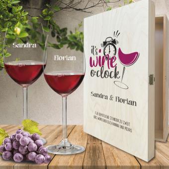 Wein-Geschenk-Set "it's wine o'clock" in individueller Holzbox 