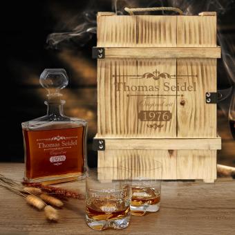 Edles Whisky Set mit Gravur in geflammter Holzkiste ohne Untersetzer