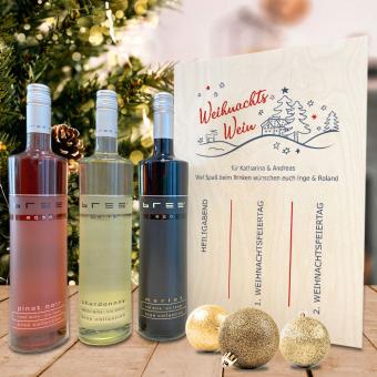 Weihnachtliches Wein-Geschenk-Set in individuell bedruckter Holzbox 