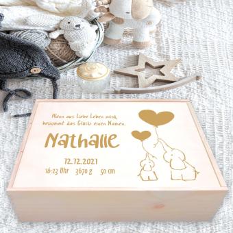 Erinnerungsbox Baby & Kind mit Elefanten und Ihren Wunschdaten graviert 