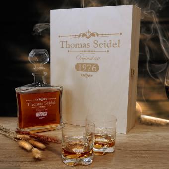 Whisky Geschenkset Whiskykaraffe und Gläser mit Gravur in Holzkiste 