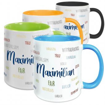 Tasse mit Namen und positiven Eigenschaften in 4 Farben 