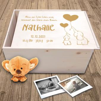 Erinnerungsbox Baby & Kind mit Elefanten und Ihren Wunschdaten graviert Box Größe XL