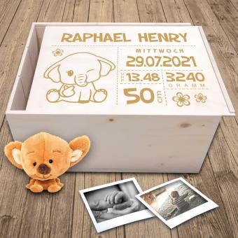 Erinnerungsbox Baby mit niedlichem Elefanten mit Ihren Daten personalisiert Box Größe XL