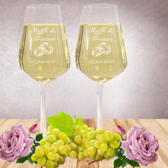 2 Weißweingläser zur Hochzeit - graviert mit Namen 