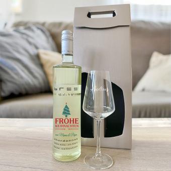 Frohe Weihnachten - Bedruckte Weißweinflasche mit Glas zum Fest 