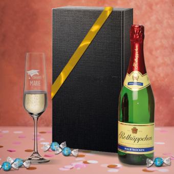 Sekt-Geschenkset zum Abitur / Abschluss mit graviertem Sektglas und Lindt Schokolade 