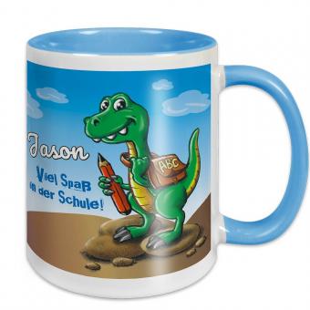 Tasse zur Einschulung Dino T-Rex mit Namen personalisiert 