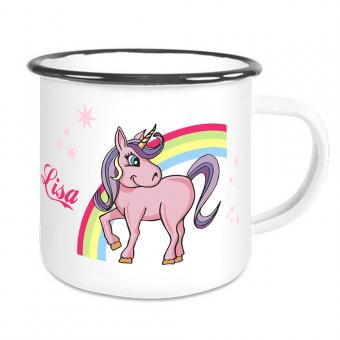 Emailletasse für Kinder mit Einhorn eigenem Namen 