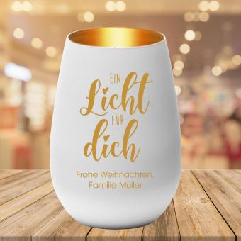 Individuell graviertes Windlicht / Glückslicht mit Wunschtext als Geschenkidee Weiß-Gold