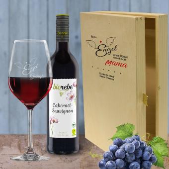 Rotwein Geschenkset bedruckt und graviert mit Wunschtext - Einen Engel ohne Flügel Biorebe Cabernet Sauvignon