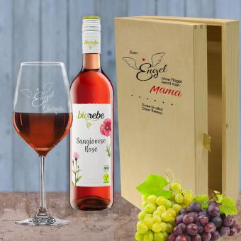 Rotwein Geschenkset bedruckt und graviert mit Wunschtext - Einen Engel ohne Flügel Biorebe Sangiovese Rosé