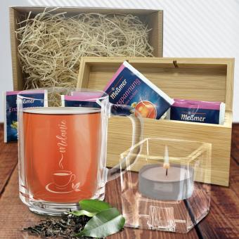 Geschenkset "Eine Tasse Ruhe" mit Leonardo Glastasse, Tischlicht und Teebox individuell graviert 