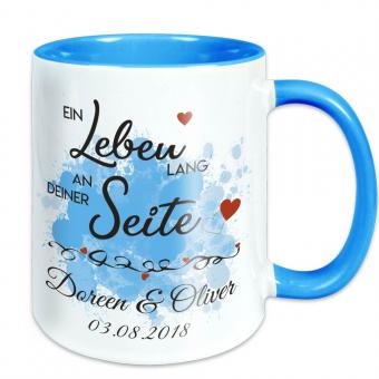 Tasse für Paare Ein Leben lang - mit Namen - blau 