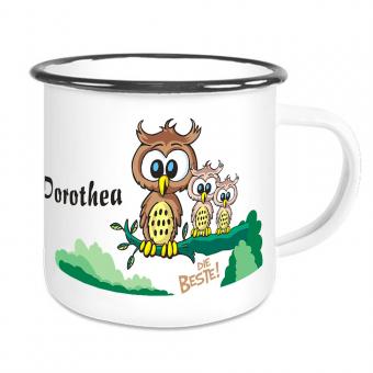 Kinder Tasse aus Emaille mit Eulen und Wunschnamen 