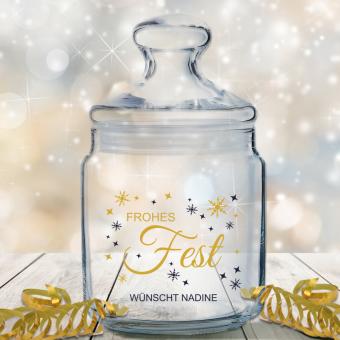 Bedrucktes Keksglas / Bonbonglas "Frohes Fest" personalisiert 