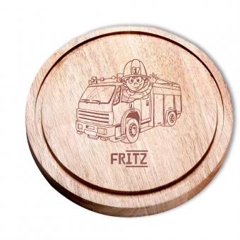 Rundes Schneidebrett Holz mit Feuerwehrauto und Namen 